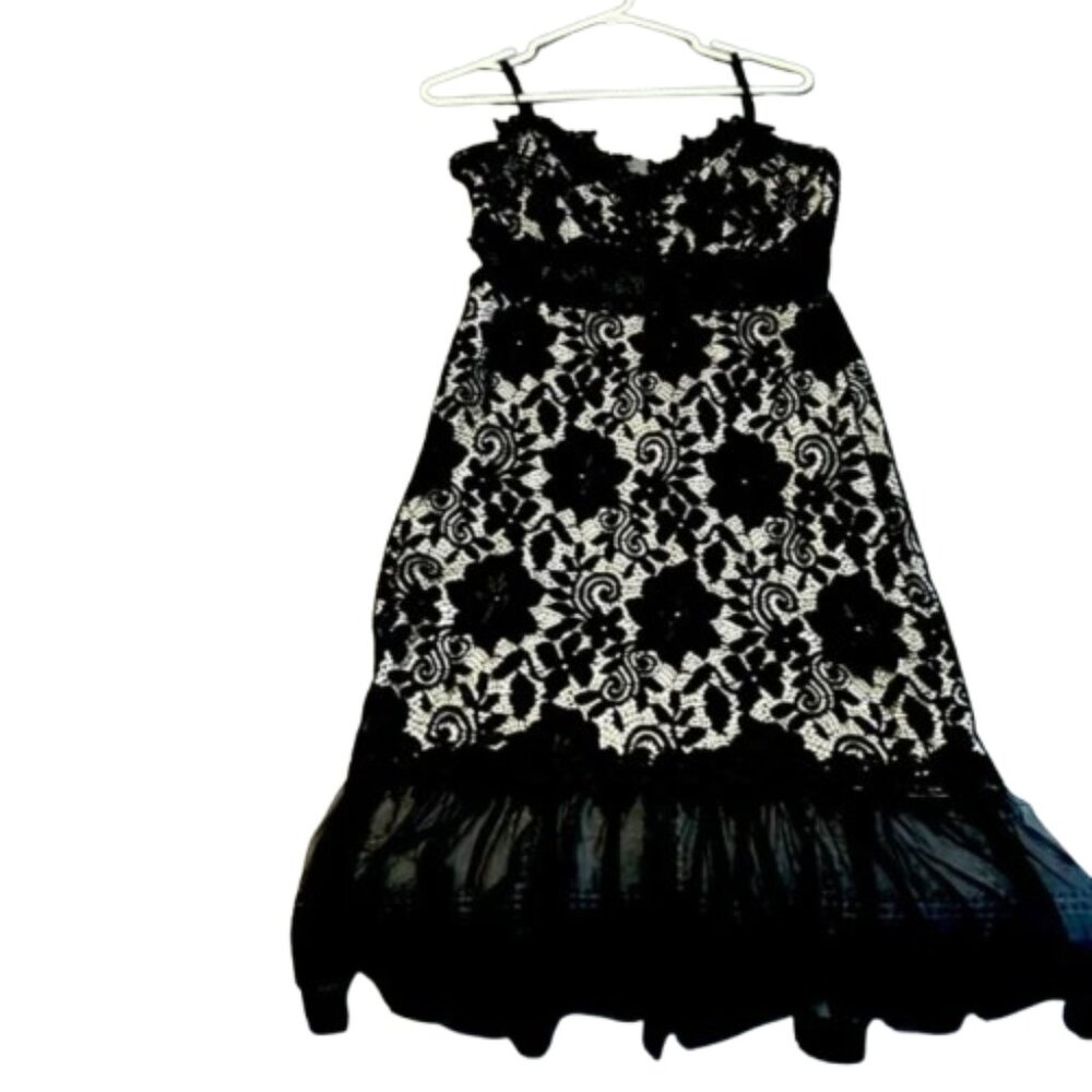 Women's Black White Lace Floral Sleeveless Spaghetti Strap Midi Dress Size L